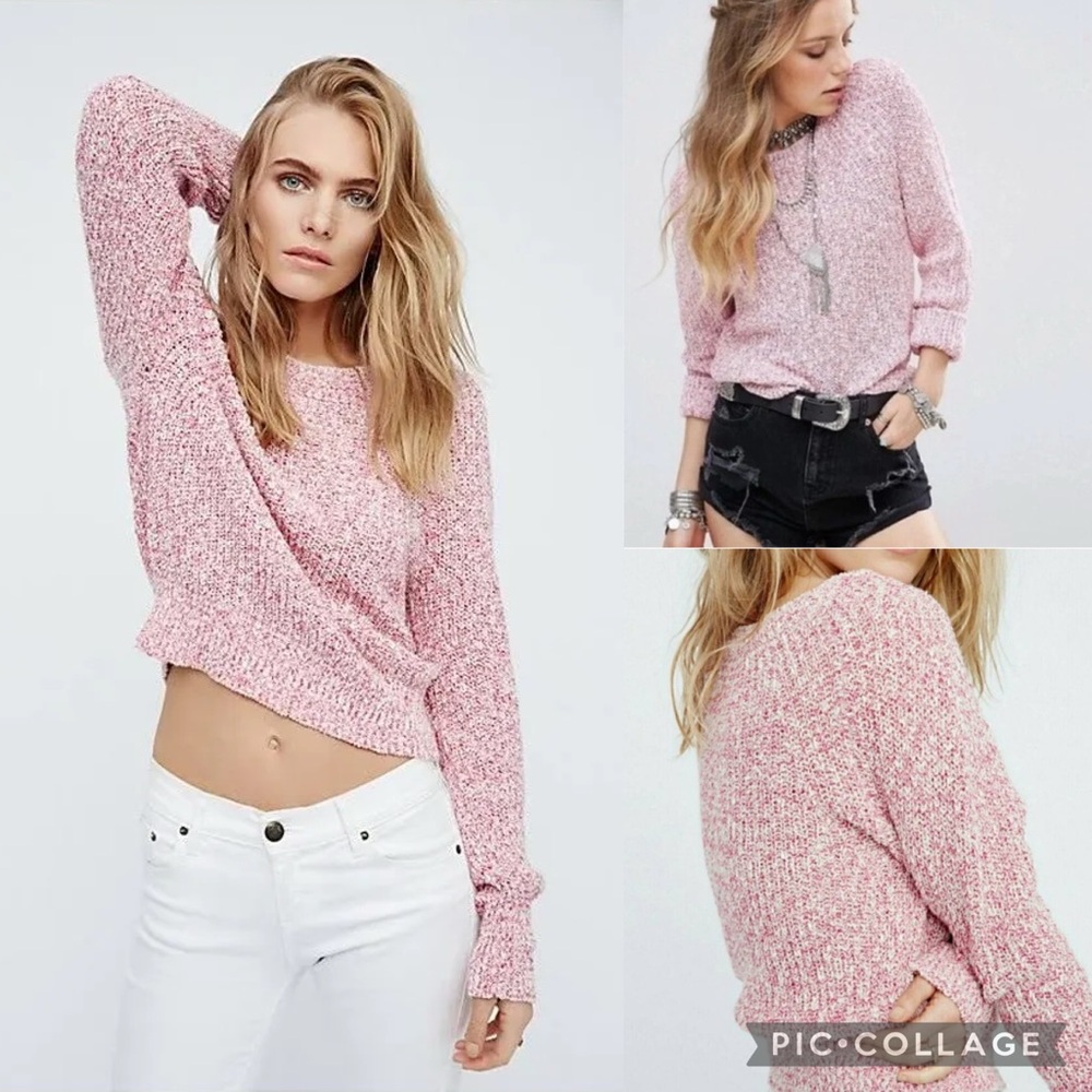 Free People Linen Cotton Blend Hot Pink Marled Crew Neck Pullover Sweater